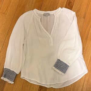 Evereve White Blouse with Blue Patterned Cuffs
